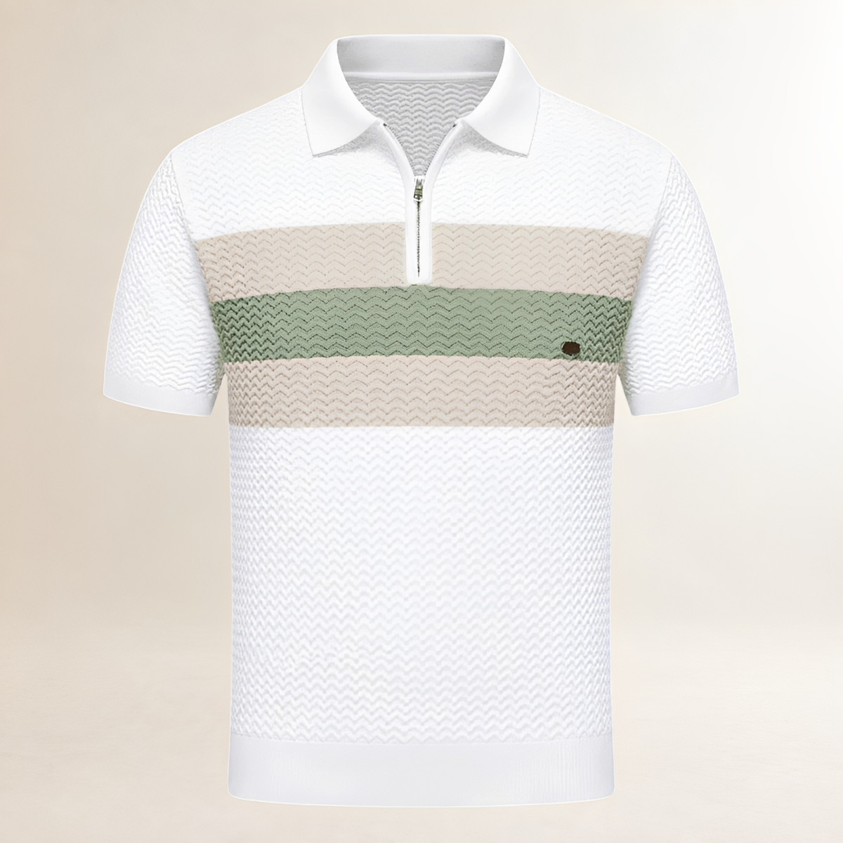 Homme T-shirt polo col, zip court manches courtes, texture ondulée et rayures horizontales poitrine