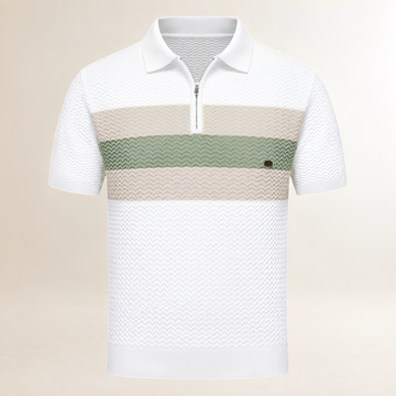 Homme T-shirt polo col, zip court manches courtes, texture ondulée et rayures horizontales poitrine