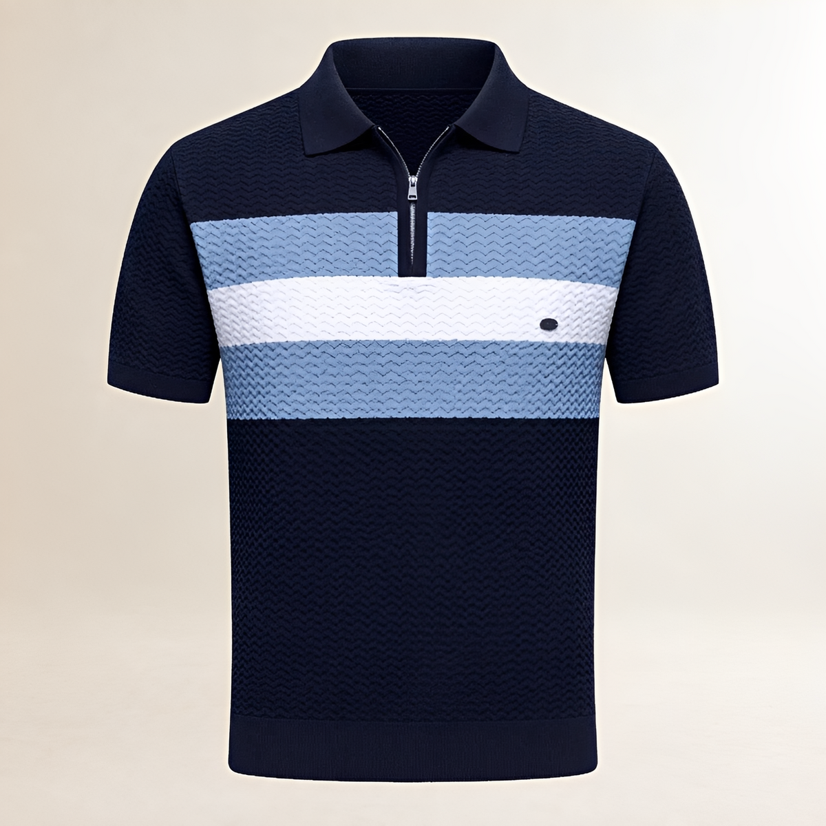 Homme T-shirt polo col, zip court manches courtes, texture ondulée et rayures horizontales poitrine