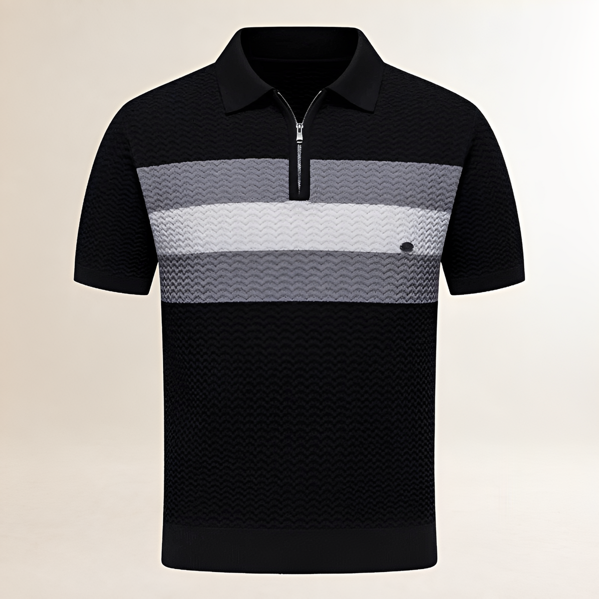 Homme T-shirt polo col, zip court manches courtes, texture ondulée et rayures horizontales poitrine