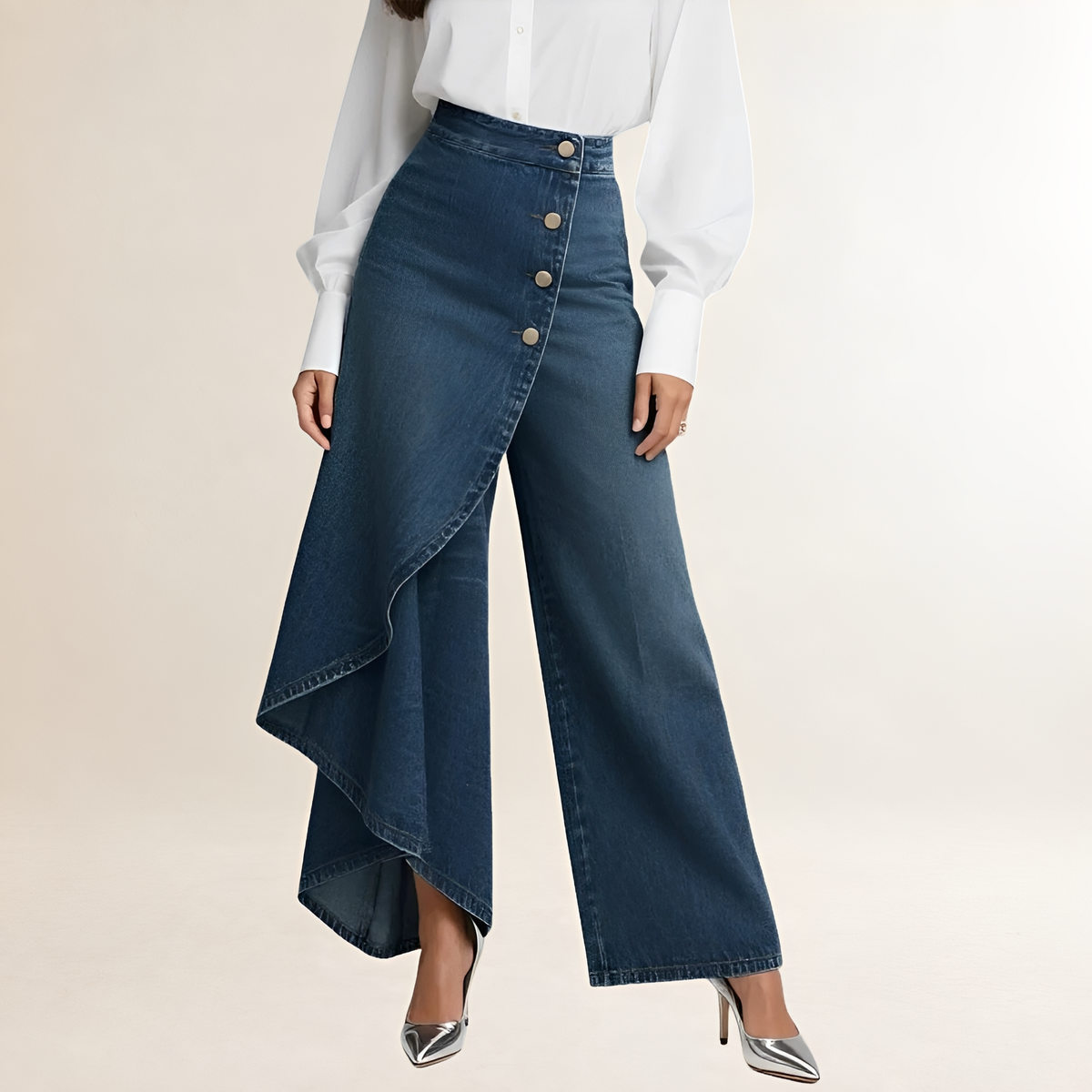 Jean femme taille haute à coupe large et superposition asymétrique