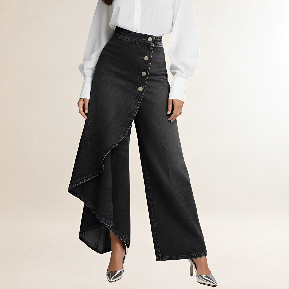 Jean femme taille haute à coupe large et superposition asymétrique