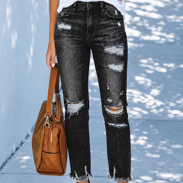 Jeans femme coupe droite, déchiré avec ourlet effiloché et coupe décontractée