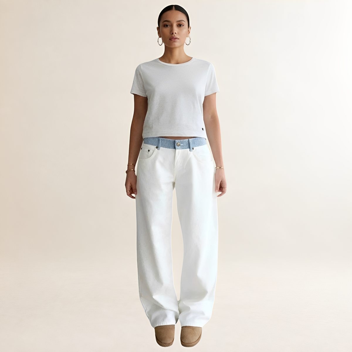 Jeans femme coupe large ceinture contrastée