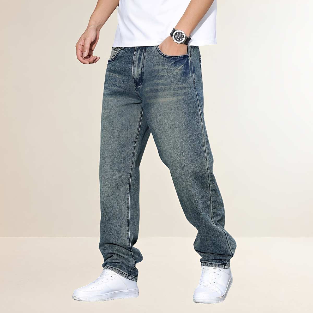 Jeans homme coupe droite style décontracté taille mi-haute