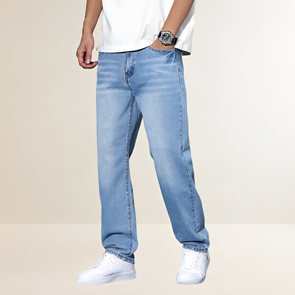 Jeans homme coupe droite style décontracté taille mi-haute