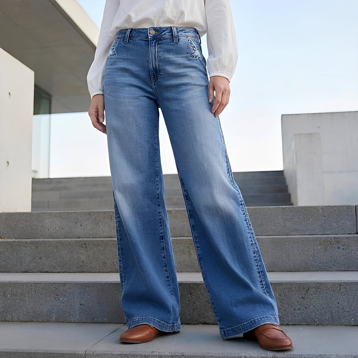 Jeans larges pour femmes à taille haute, coupe décontractée et lavage classique