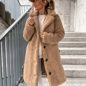 Manteau long pour femme en imitation peau lainée, coupe oversize – Fermeture boutonnée, col, coupe décontractée
