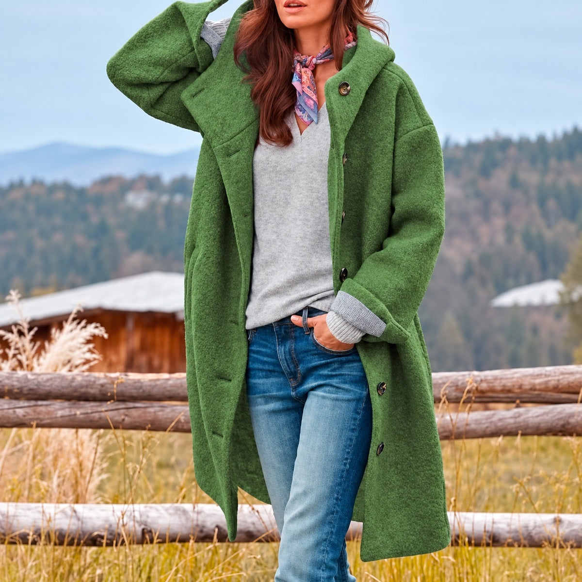 Longue parka femme à capuche et fermeture à boutons - coupe décontractée
