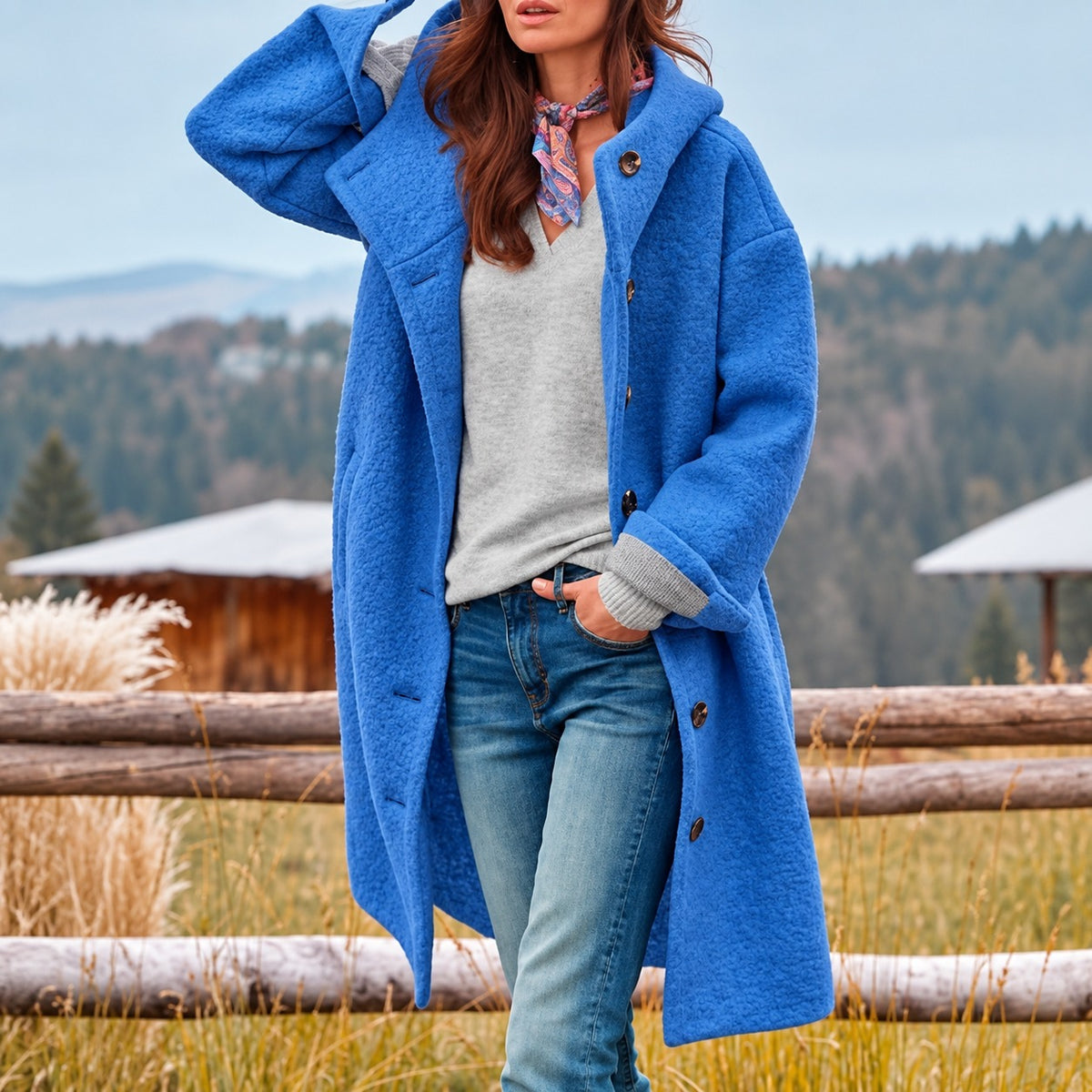 Longue parka femme à capuche et fermeture à boutons - coupe décontractée