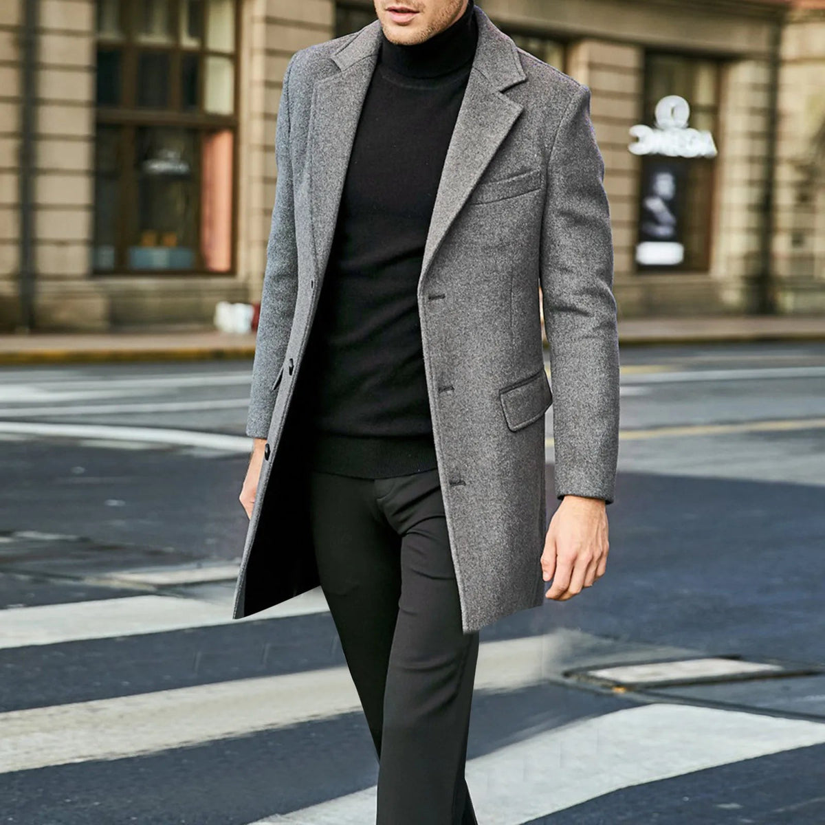 Manteau long pour homme – Pardessus droit avec col à revers et poches à rabat