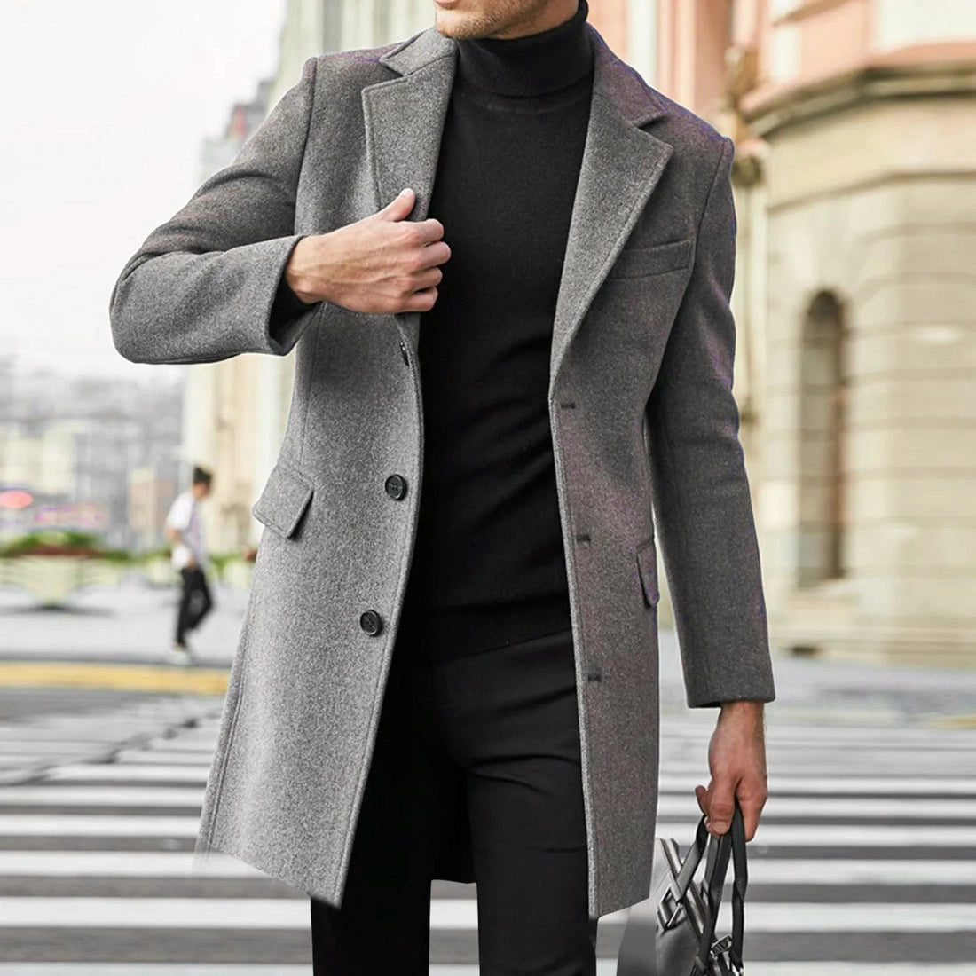 Manteau long pour homme – Pardessus droit avec col à revers et poches à rabat