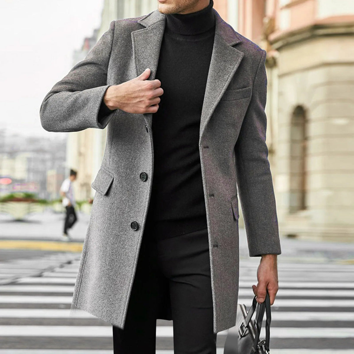 Manteau long pour homme – Pardessus droit avec col à revers et poches à rabat