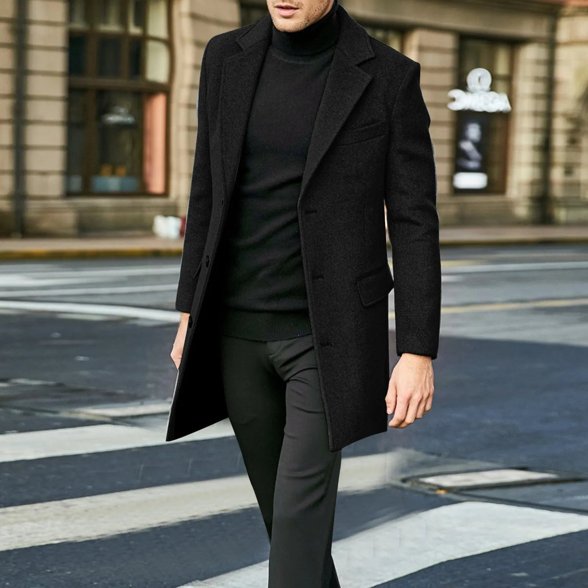 Manteau long pour homme – Pardessus droit avec col à revers et poches à rabat
