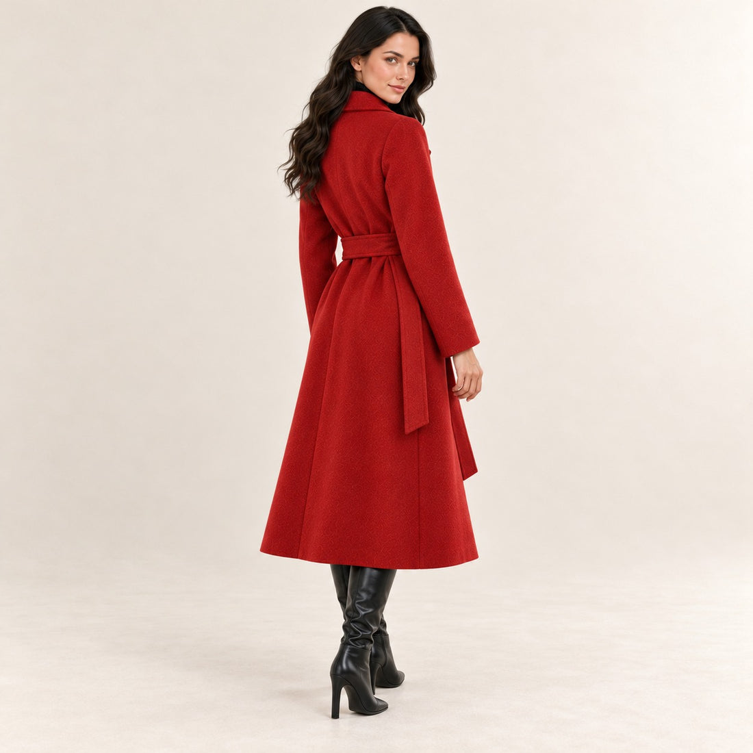 Manteau ceinturé pour femme à revers en notched, coupe en A, longueur longue