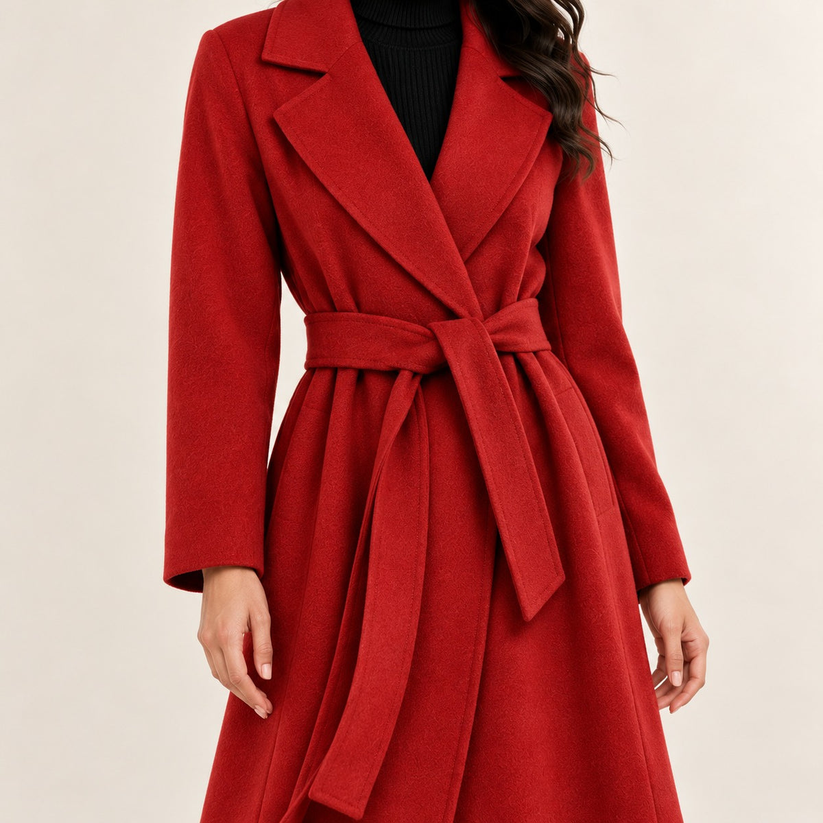 Manteau ceinturé pour femme à revers en notched, coupe en A, longueur longue