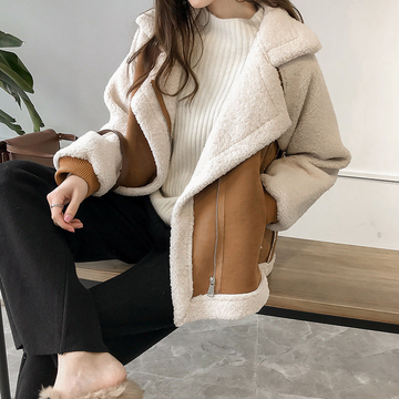 Manteau en peluche pour femmes col large coupe oversize poches zippées manches bouffantes