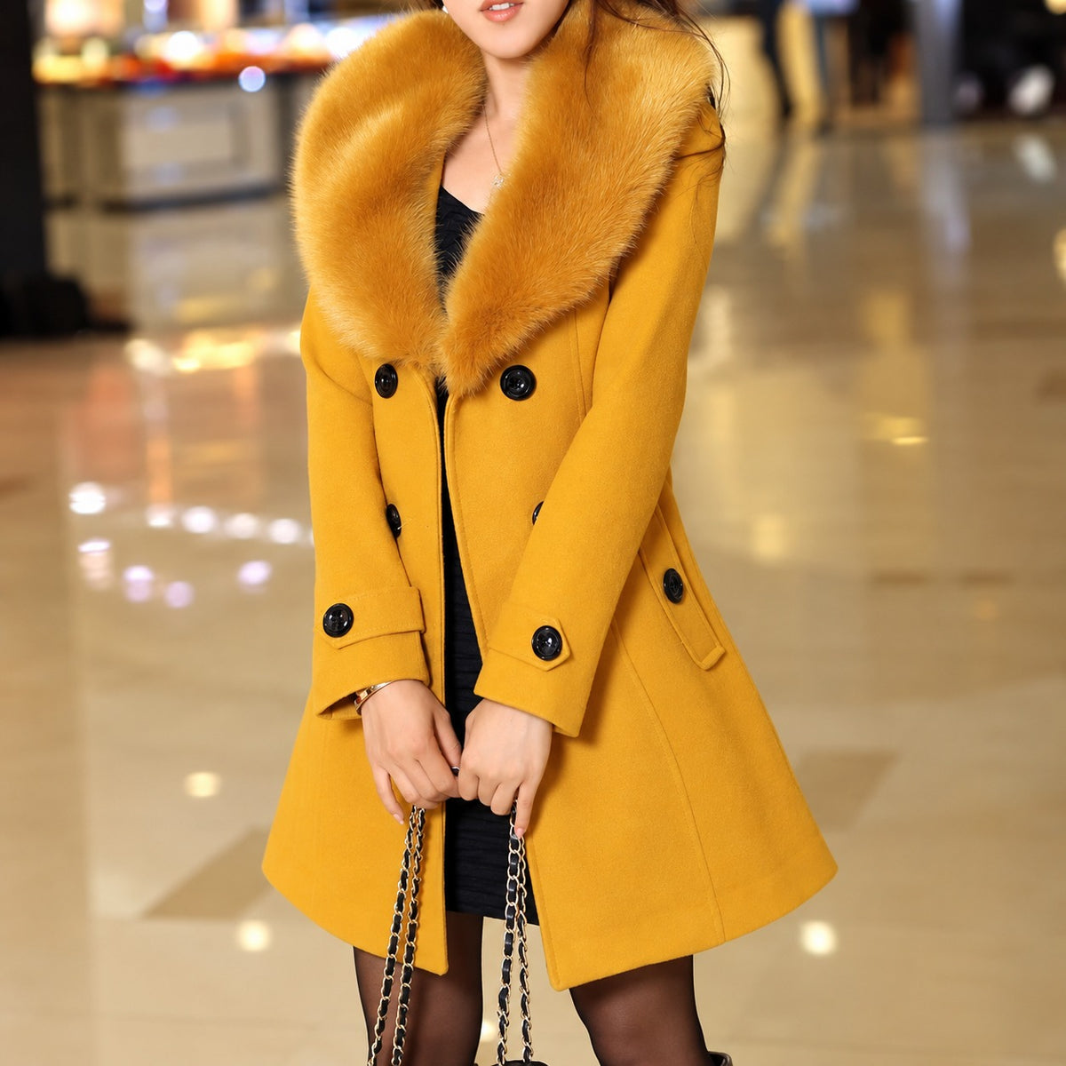 Manteau femme à col contrasté, double-breasted, ceinture, longueur mi-mollet