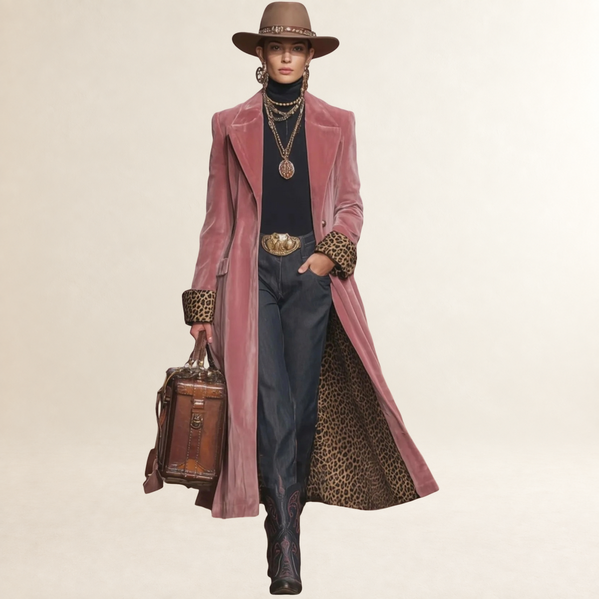 Manteau femme à coupe longue et col à revers avec doublure à motif léopard