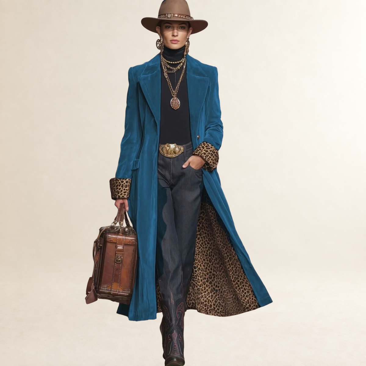 Manteau femme à coupe longue et col à revers avec doublure à motif léopard