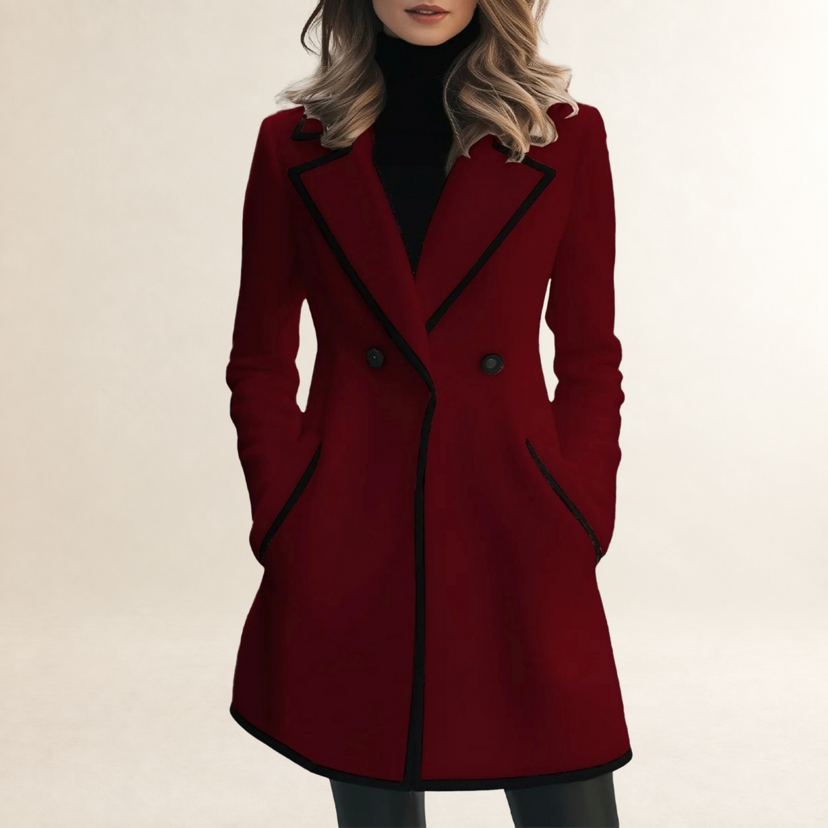 Manteau femme à double boutonnage avec col à notches et finition contrastée