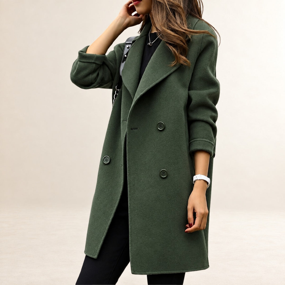 Manteau femme à double boutonnage col classique coupe ajustée longueur mi-longue