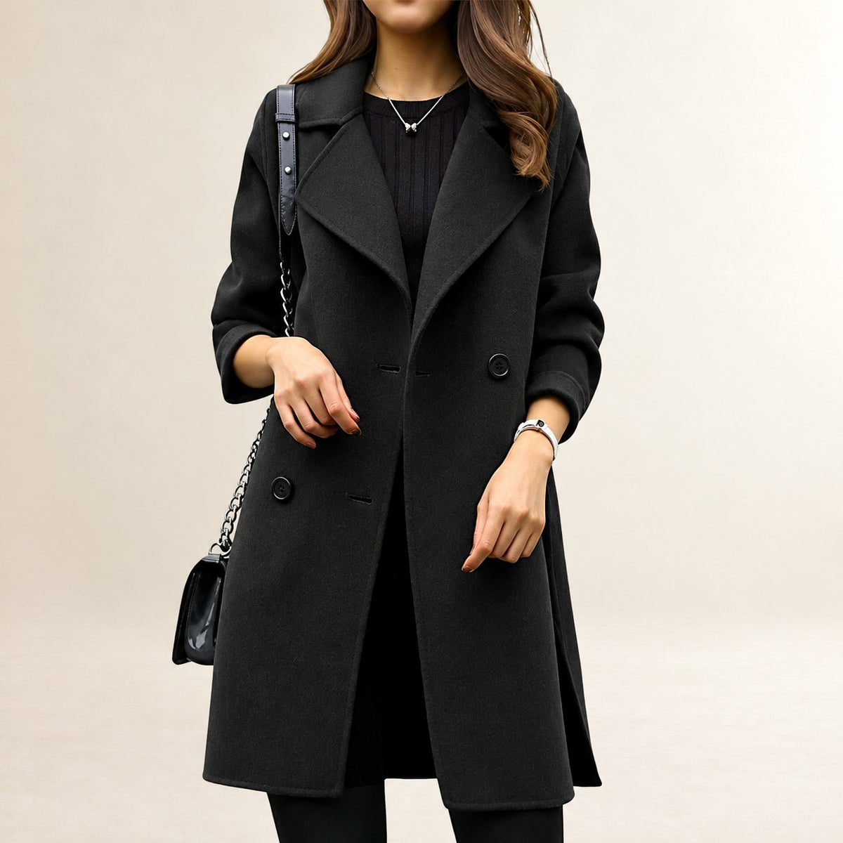 Manteau femme à double boutonnage col classique coupe ajustée longueur mi-longue