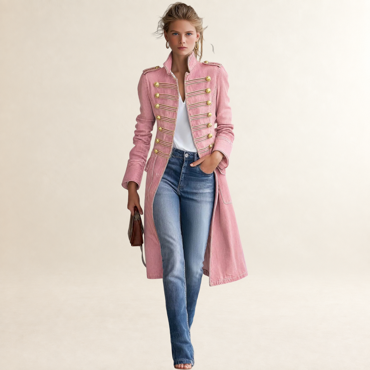 Manteau femme long style militaire à boutons dorés coupe ajustée