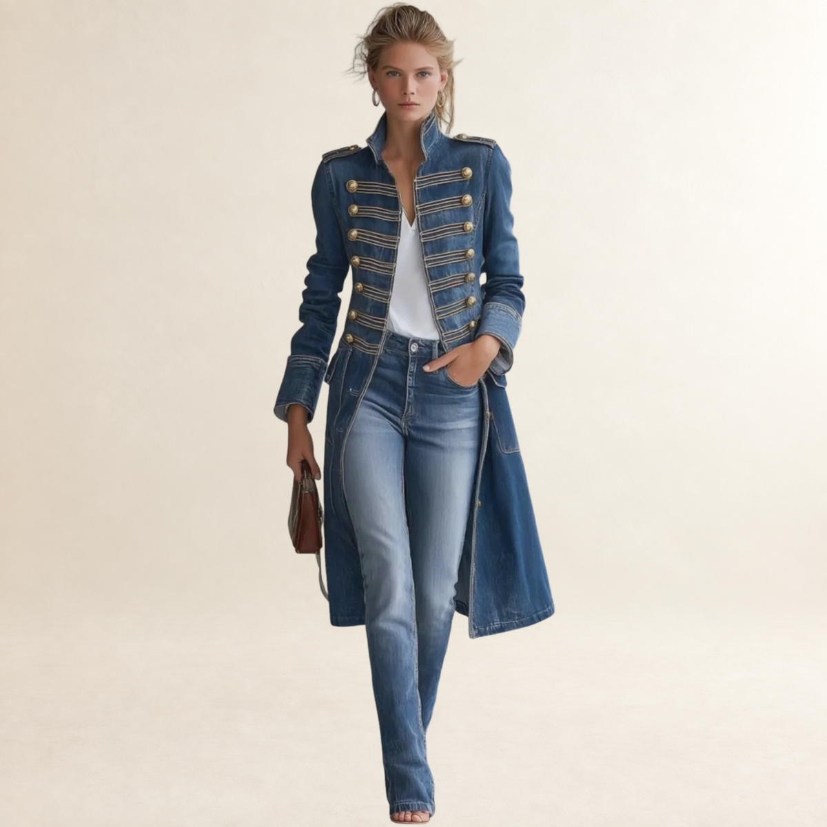 Manteau femme long style militaire à boutons dorés coupe ajustée