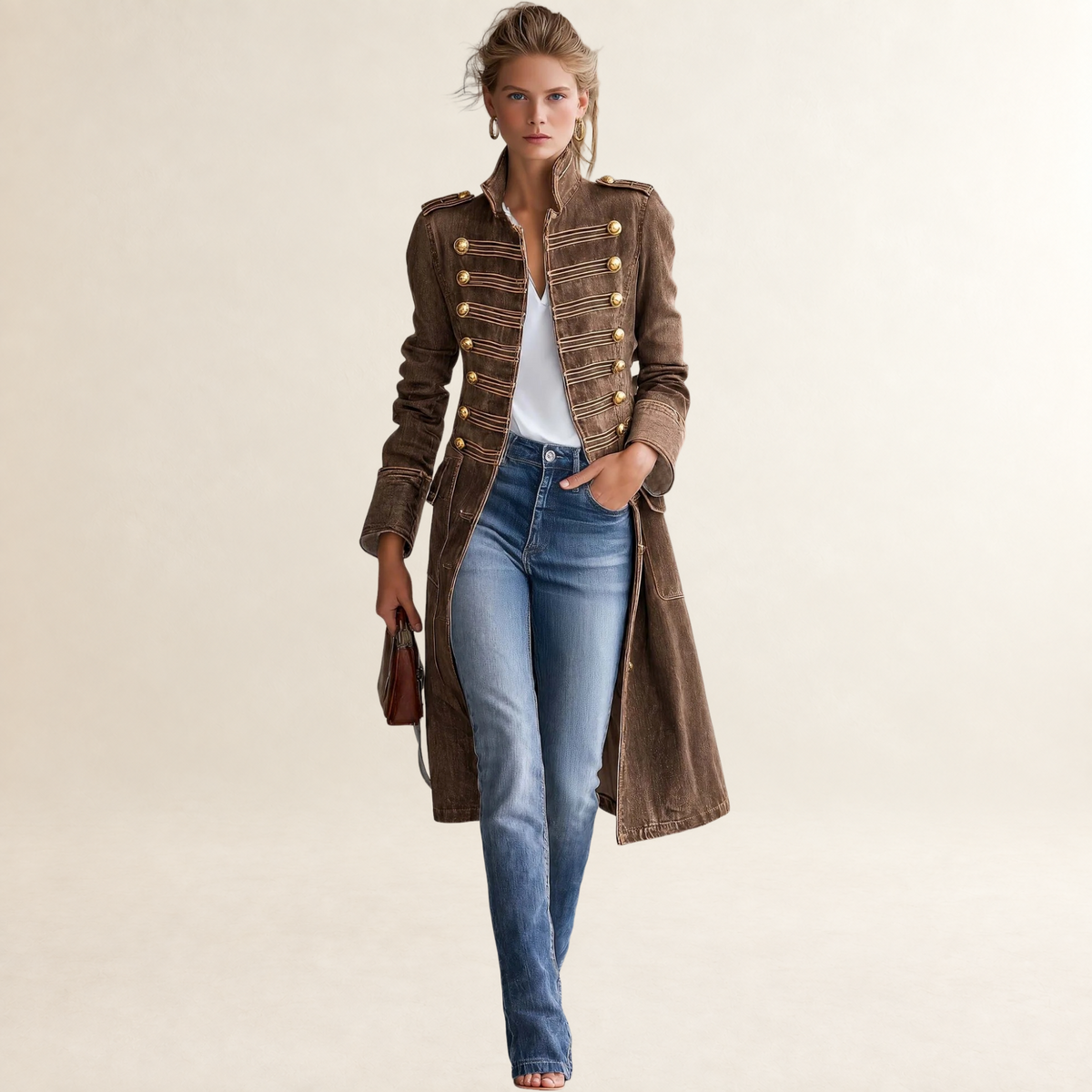 Manteau femme long style militaire à boutons dorés coupe ajustée
