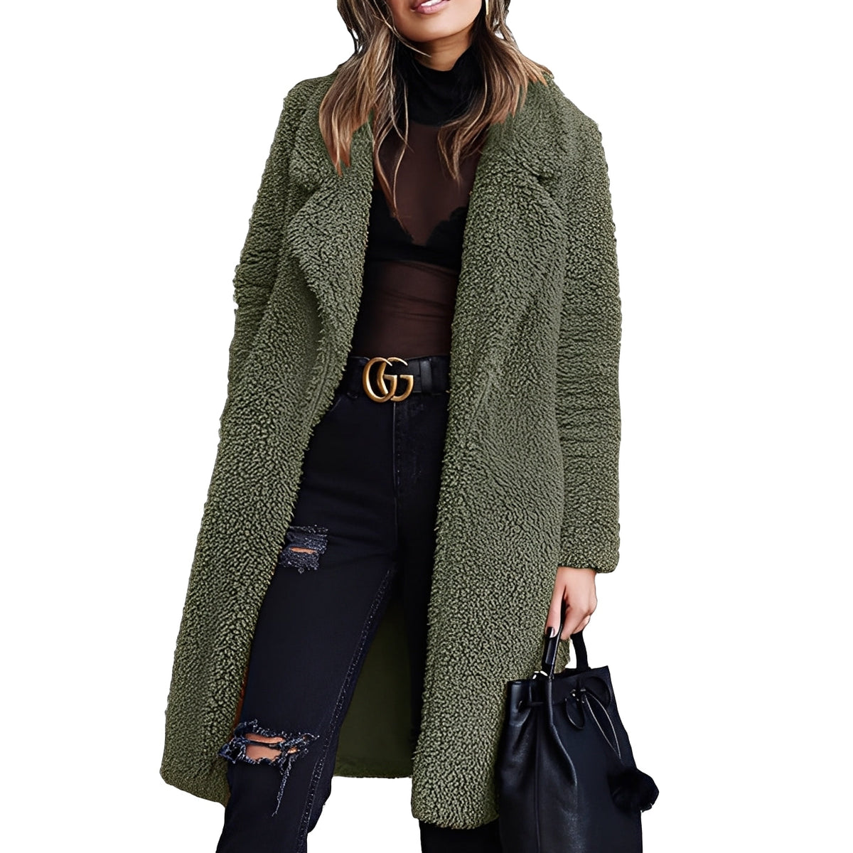 Manteau femme oversize en peluche avec col à notches - coupe décontractée