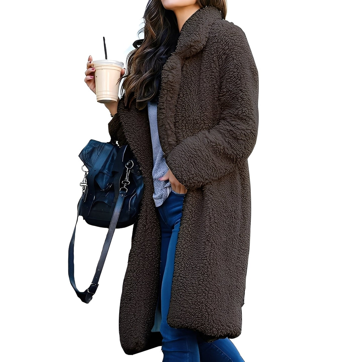 Manteau femme oversize en peluche avec col à notches - coupe décontractée