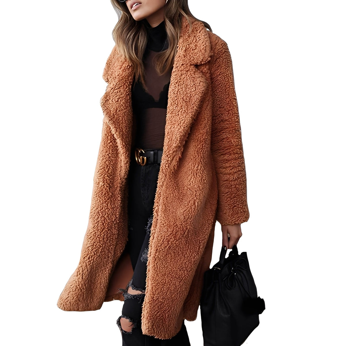 Manteau femme oversize en peluche avec col à notches - coupe décontractée