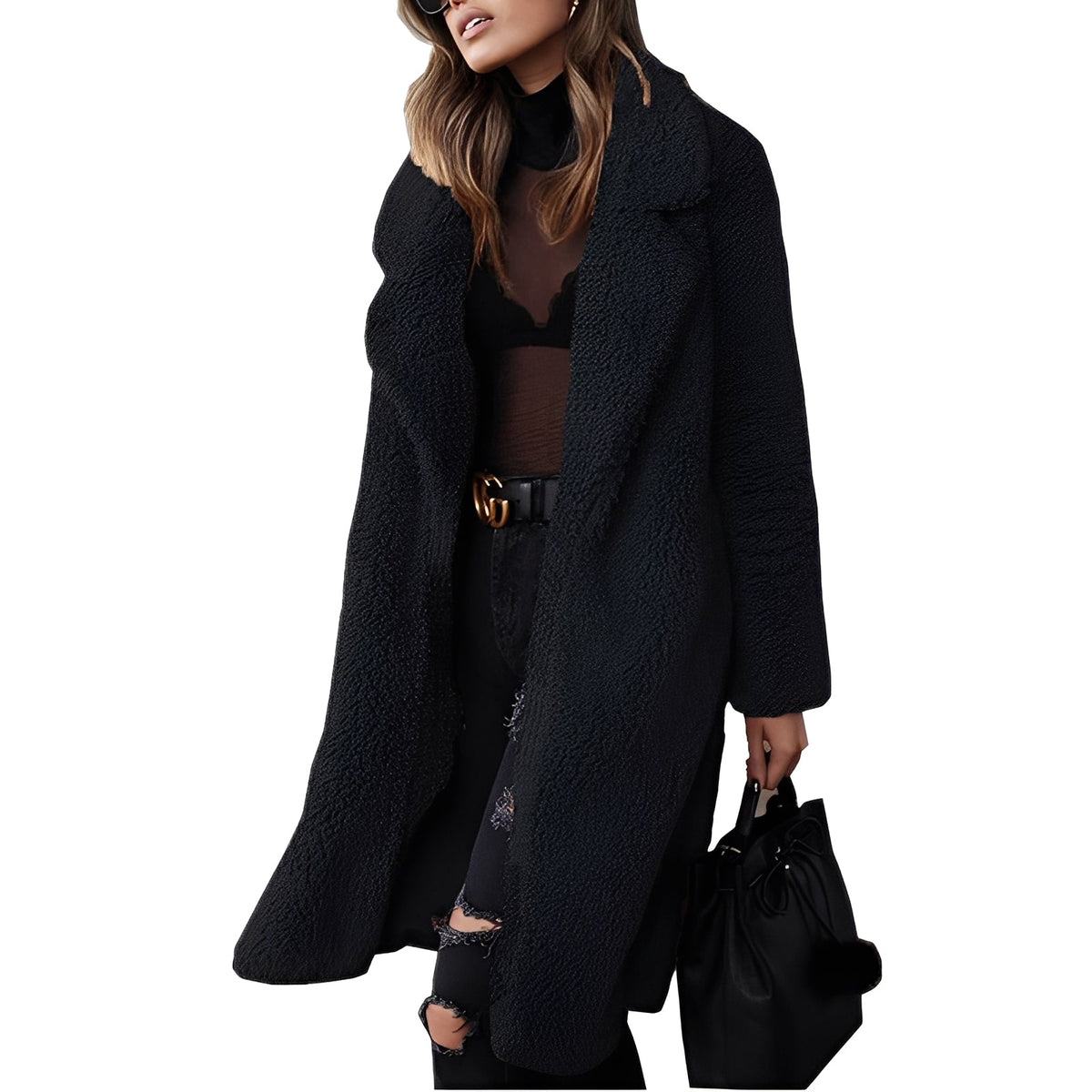 Manteau femme oversize en peluche avec col à notches - coupe décontractée