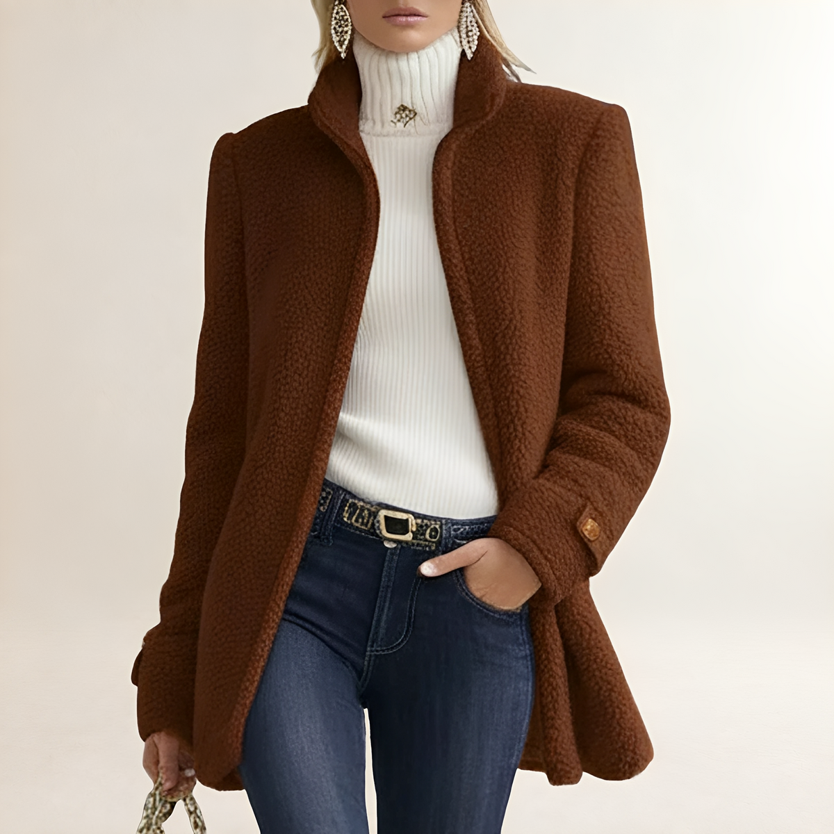 Manteau femme zipé col montant poches coupe classique texture côtelée