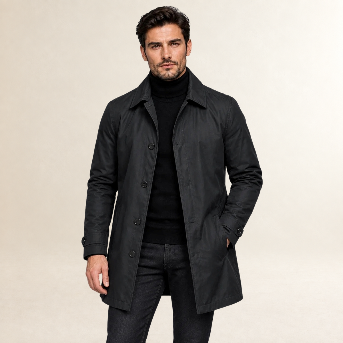 Manteau homme ajusté à boutons et poches fonctionnelles, coupe longue