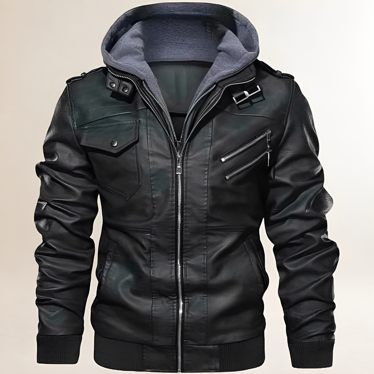Manteau Homme à capuche amovible et fermeture éclair centrale avec épaulettes et panneaux quiltés