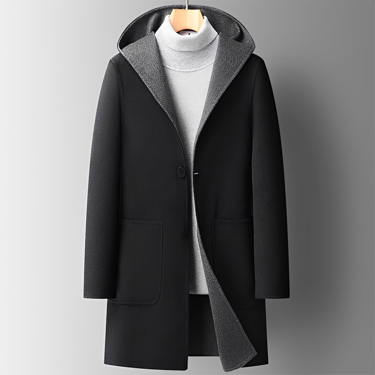 Manteau homme à capuche, fermeture bouton, poches latérales, coupe régulière