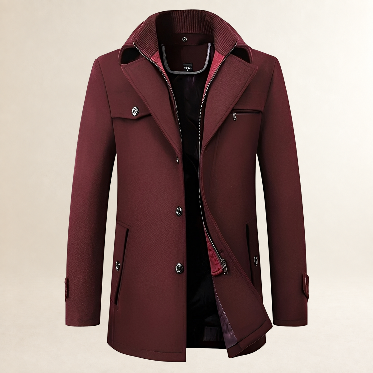 Manteau homme coupe mi-longue à col à revers, fermeture bouton et poches à rabat