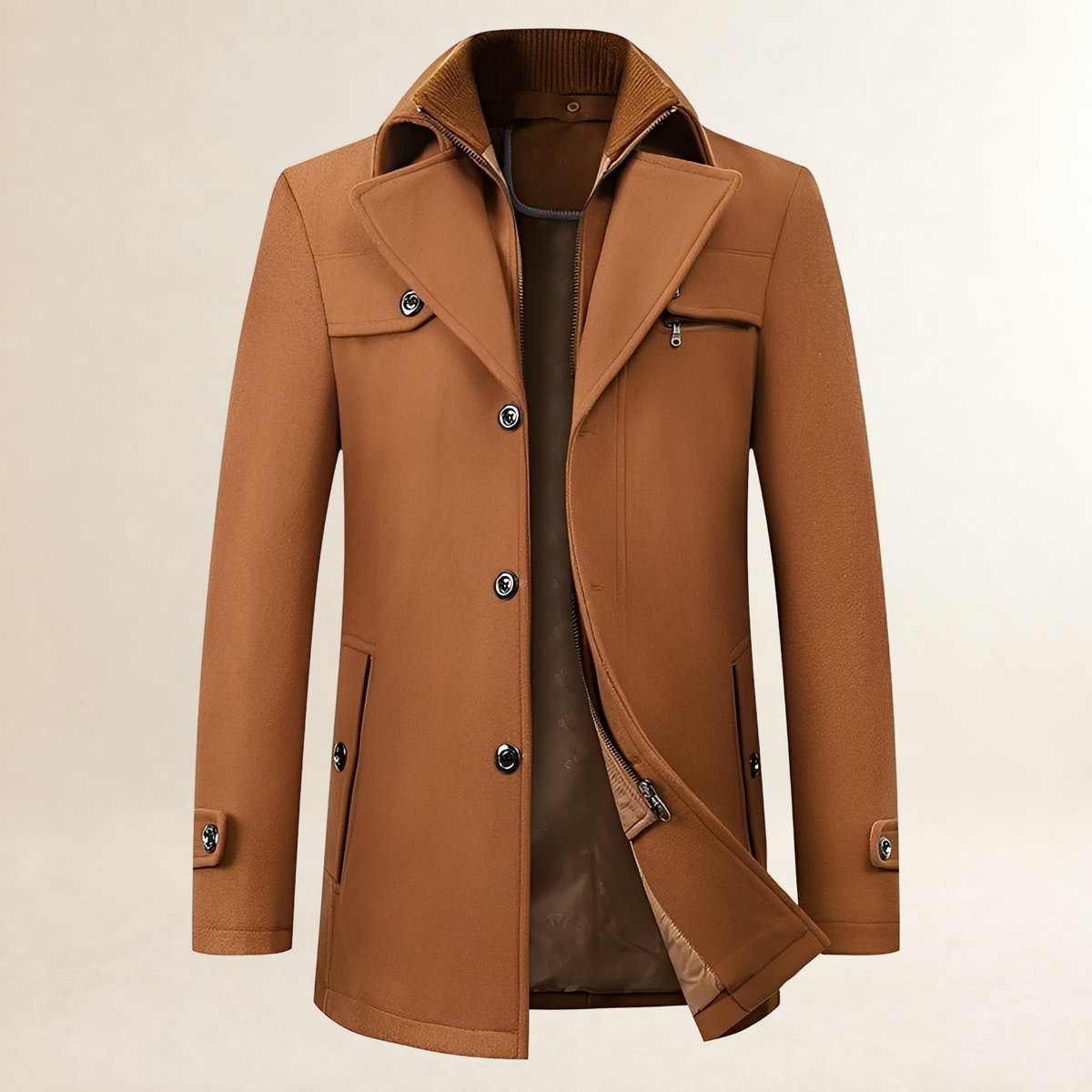 Manteau homme coupe mi-longue à col à revers, fermeture bouton et poches à rabat