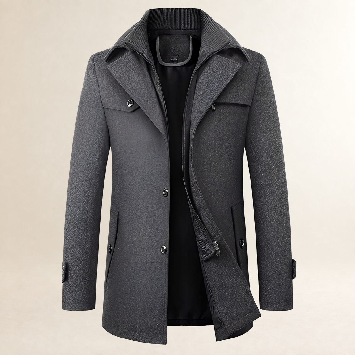 Manteau homme coupe mi-longue à col à revers, fermeture bouton et poches à rabat