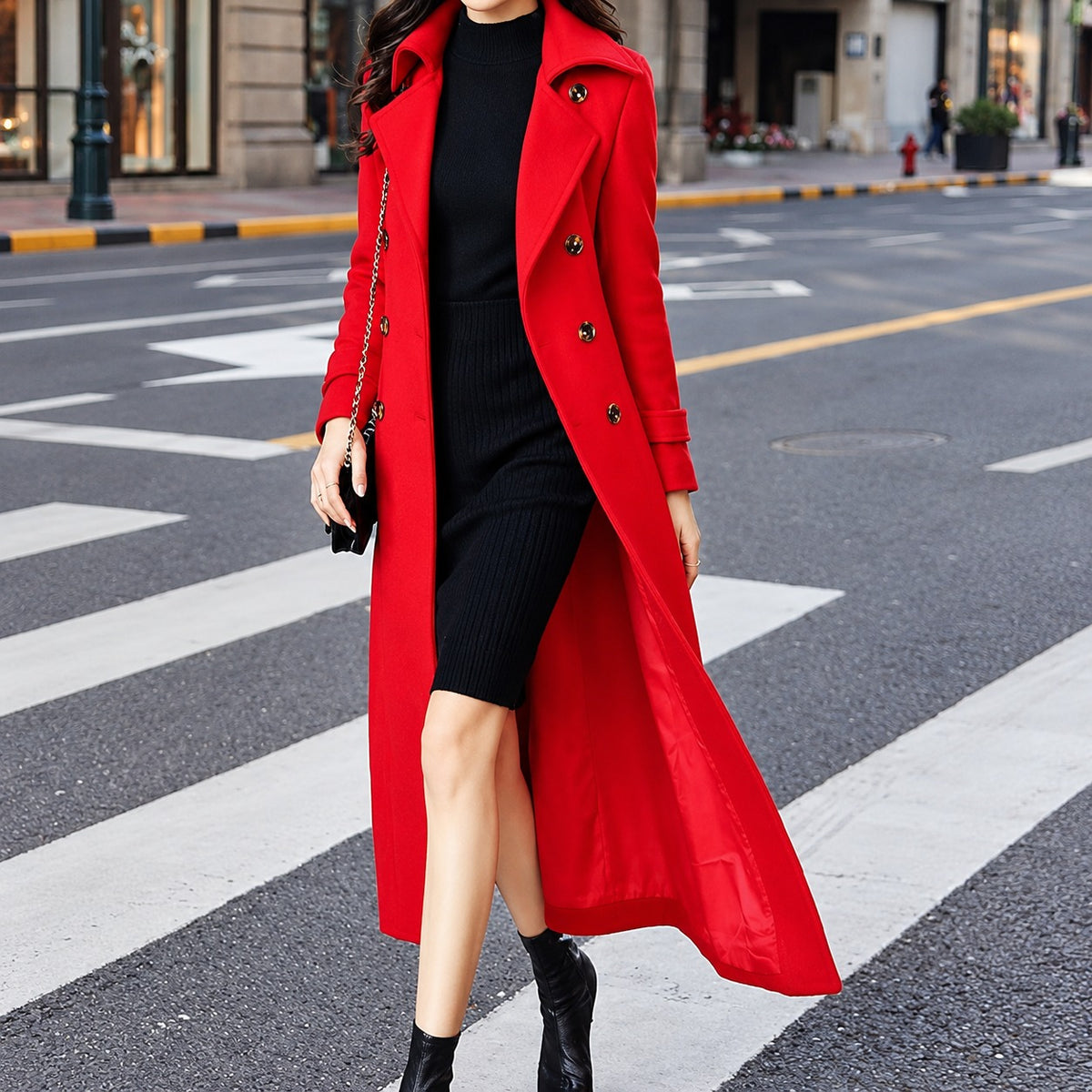 Manteau long femme à ceinture, col à revers, boutons, poches latérales