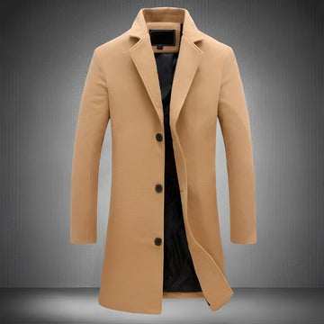 Manteau long homme à col classique, boutons, poches latérales, coupe régulière