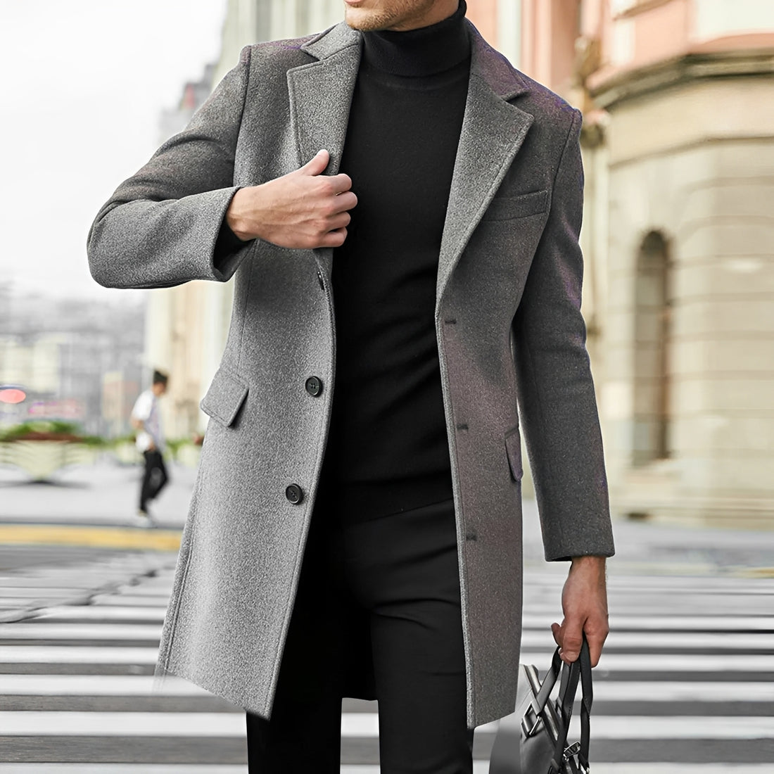 Manteau long homme à col noté à simple boutonnage et poches à rabat