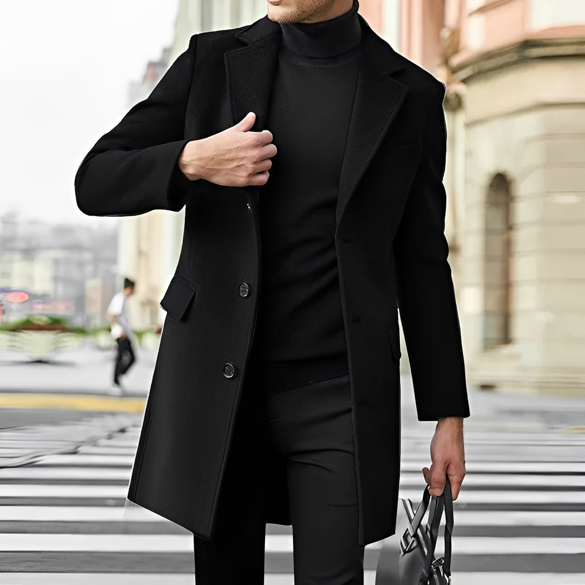 Manteau long homme à col noté à simple boutonnage et poches à rabat