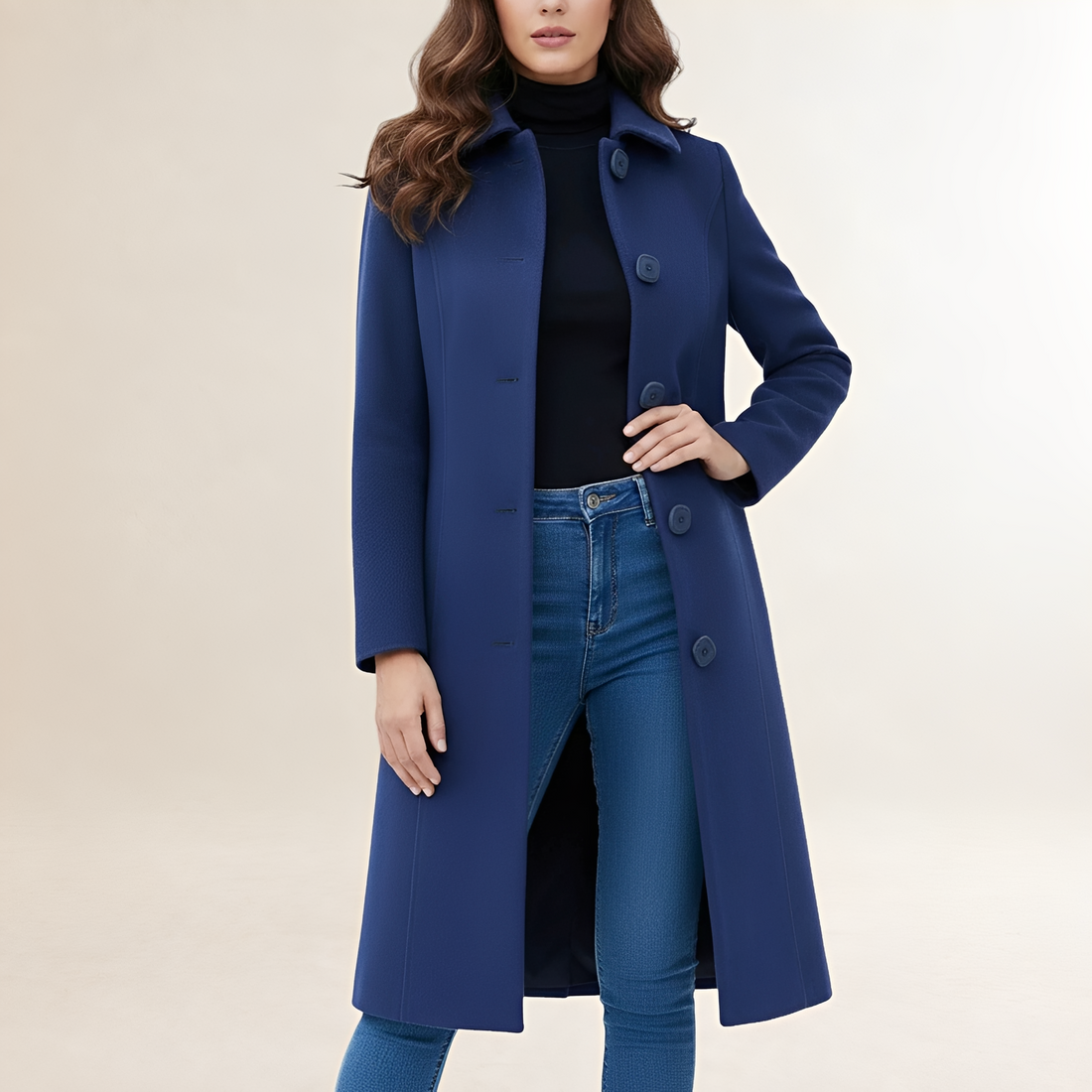 Manteau long pour femme à col classique, fermeture à boutons, coupe évasée