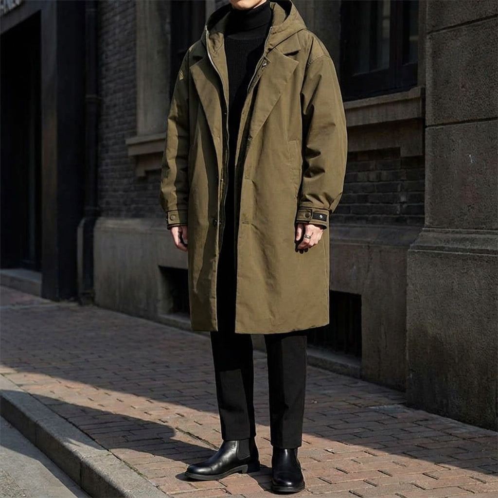 Manteau long pour homme à capuche, coupe ajustée et longueur longue