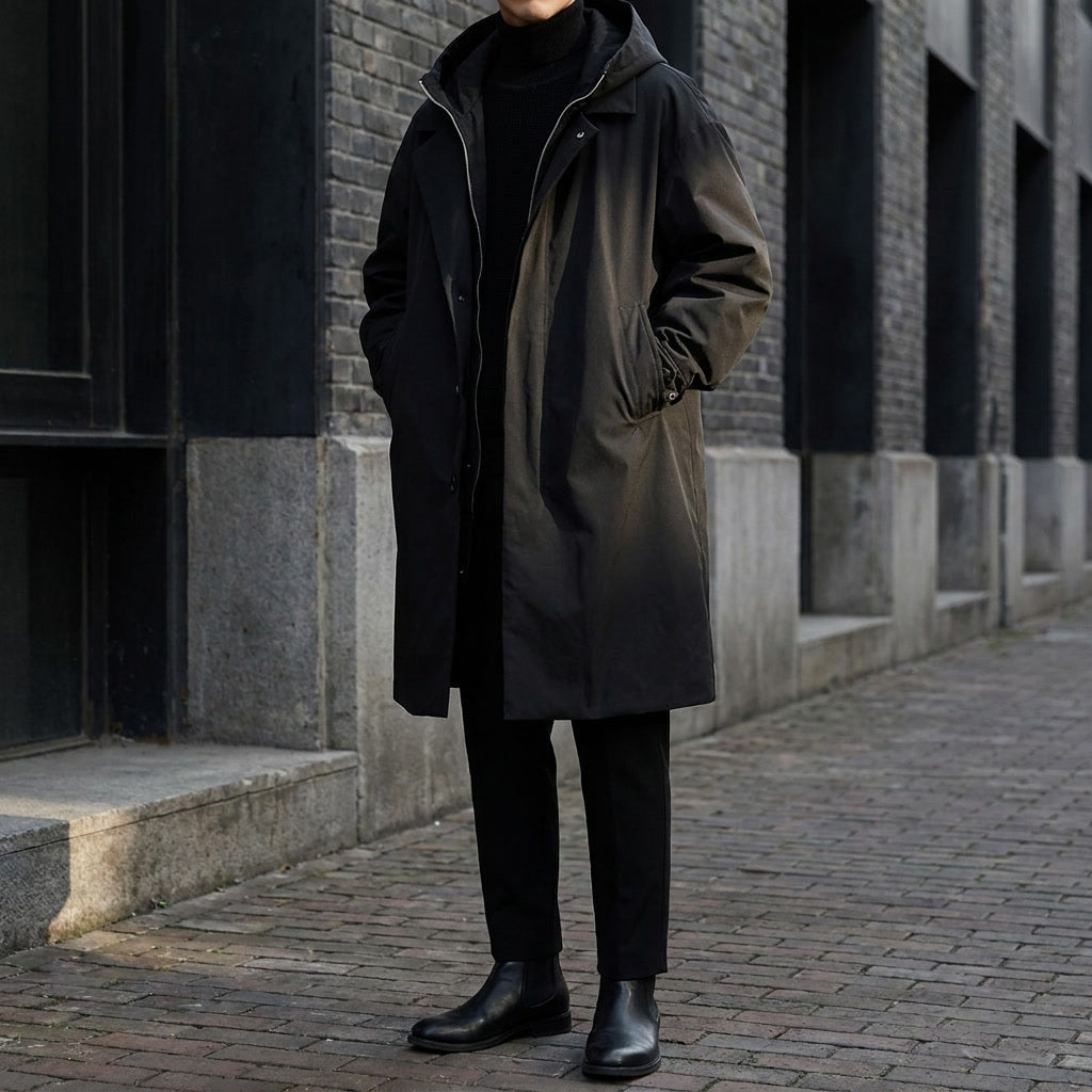Manteau long pour homme à capuche, coupe ajustée et longueur longue