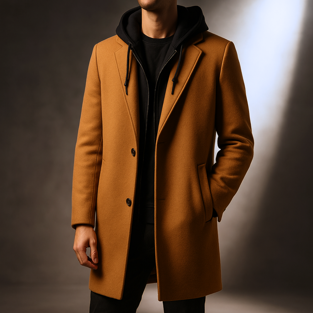 Manteau long pour homme - Capuche, fermeture à boutons, coupe ajustée