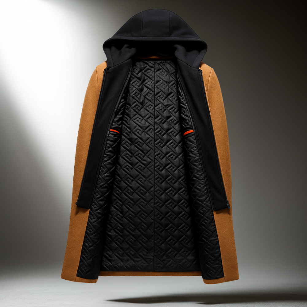 Manteau long pour homme - Capuche, fermeture à boutons, coupe ajustée